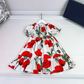 Най-добрата марка 2023, ново класическа рокля-прашка за момичета с кръгло деколте и червено цвете на лигавицата от чист памук D2114G
