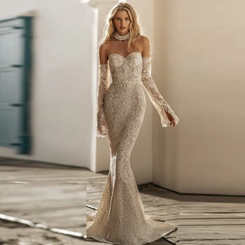 Qcenkeren Wedding Dress Sweetheart Long Sleeve Дантела Mermaid Bride Gown vestido de noiva сватбена рокля