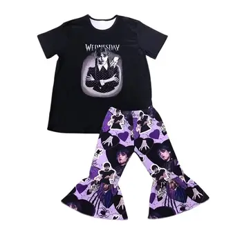 Модни детски дрехи от бутик Wednesday за момичета, черен топ с принтом, разкроена панталони, комплект едро