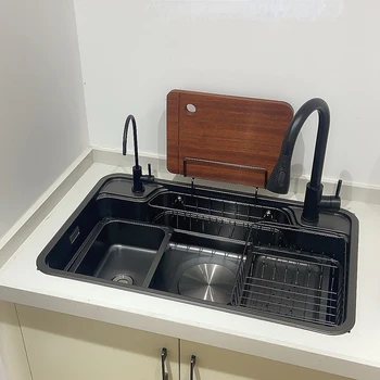 Кухненска Мивка Nano Black неръждаема стомана Sus304, голяма однощелевая плоска мивка за миене на съдове под тезгяха