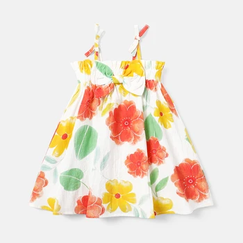 PatPat/рокля-комбинация от 100% памук, с цветен принтом и лък за малки момичета