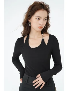 HOUZHOU Cyber Y2k, черни тениски на бретелях, дамски блузи в стил мозайка в стил хипи, нередовна блузи с дълъг ръкав, Harajuku, тънка пролет