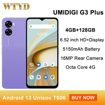 UMIDIGI G3 Plus Смартфон с 4 + GB 128 GB, 16-МЕГАПИКСЕЛОВА Камера 5150 mah Батерия 6,52 инча Android 13 Unisoc T606 Восьмиядерный 4G OTG Мобилен Телефон