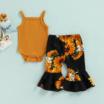 FOCUSNORM/ комплекти дрехи от 2 теми за новородените момичета 0-18 м, гащеризон без ръкави с едноцветни бретелях + разкроена панталони с цветя, облекло