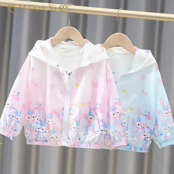 Солнцезащитная дрехи за момичета 2023 г., нови летни дрехи, детски дишаща тениска с изображение на заек от анимационен филм за малки момичета, детски солнцезащитная риза