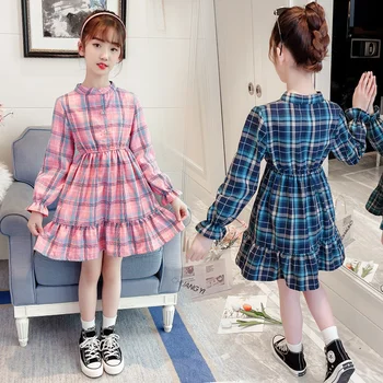 2023 Пролет и есен, ново детско рокля за торта среден и голям размер, детско модно рокля в корейски стил, карирани гащеризон за момичета, детски риза