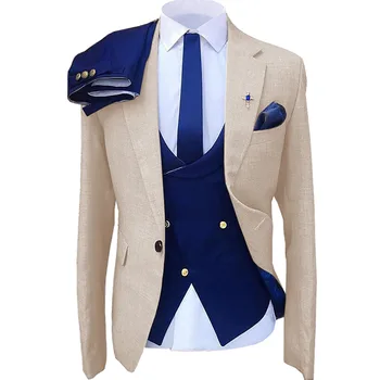 Мъжки костюм, комплект от 3 теми, однотонное официално приталенное сватбена бизнес рокля за банкет, работен костюм, тъмно синя жилетка, панталони с яке
