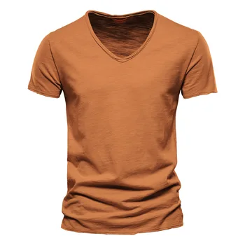 Лятна Ежедневни Градинска Дрехи, Мъжки Блузи от 100% Памук с V-образно деколте и къси Ръкави, Ризи, Мъжки t-shirt, Приталенные Тениски, Качествена тениска за мъже