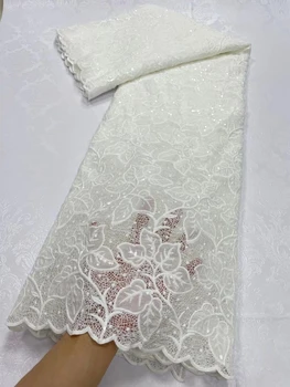 Висококачествена 2023 Африканска нигерийская лейси плат от края на тюл за шиене на Сватбена рокля с бродерия, памук гипюр за партита, 5 ярда