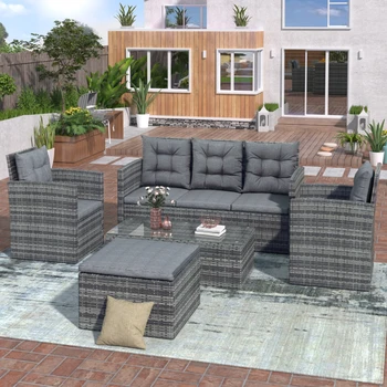 Уличен диван за двор от 5 на предмети, устойчиви на uv радиация, с пейка за съхранение, комплект плетени мебели от полиетилен със стъклена маса