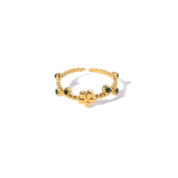 Стилни откриване на пръстени от неръждаема стомана с позлатени 14К, зелено Стъкло, камък цвете, за жени, Водонепроницаемое регулируем пръстен, подарък за бижута