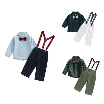 Citgeett/ есен облекло на джентълмен за малки момчета, риза райе с дълги ръкави и копчета, комплект от еластични ежедневни панталони на подтяжках