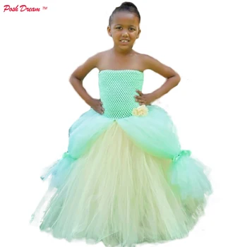ШИК костюм принцеса-жаба в стил Тианы, рокля-пакет за момичета, мятно-зелена детски костюм на принцеса за cosplay за момичета, детски дрехи