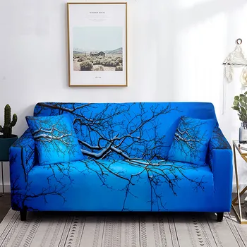 Калъф за дивана Branch за всекидневната, сини гъвкави калъфи за мека мебел, комбинираната калъфи за мека мебел с природен принтом, 1/2/3/4 места, защита от прах