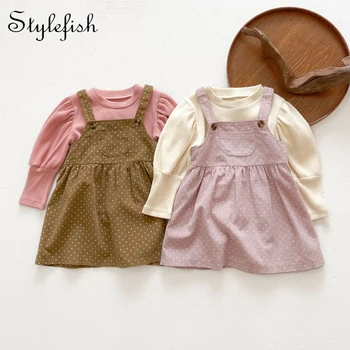 Ins/ дрехи за малките момичета 0-3 години, детски вязаный топ с ръкави-мехурчета + пола на спагети презрамки в грах, комплект памучни детски поли от две части