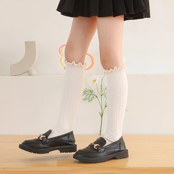 от 3 до 15 години, кавайные чорапи с геометрична ресни за малки момичета, детски дантелени чорапи над коляното, студентски сладки бебешки дълги чорапи