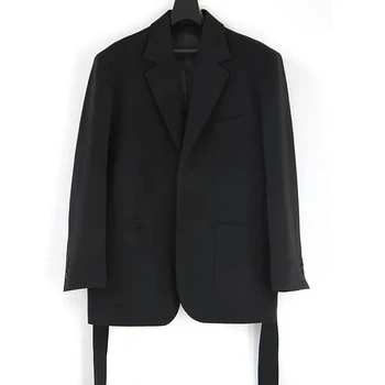 Изработена по поръчка случайни сако с колан, дрехи от 2 теми, черните мъжки костюми, комплекти, Сватбени смокинг с изрезки, Дрехи за партита, Яке + панталон