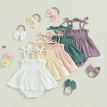 Комплекти летни дрехи за малките момичета 0-24 м, 3 бр., однотонное рокля без ръкави с волани, гофрированное + шорти, лента за коса