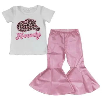 Бебешки Комплекти Дрехи за Малките момичета, Блузи с къс ръкав, Тениска + Розови Разкроена Панталони с принтом Хауди, Еластична талия, Летни Дрехи от 3 до 16 години