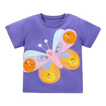 2023 Летни нови модни блузи за малки момичета, памучен сладка тениска със синя пеперуда, меки и удобни дрехи за момичета 2-7 години