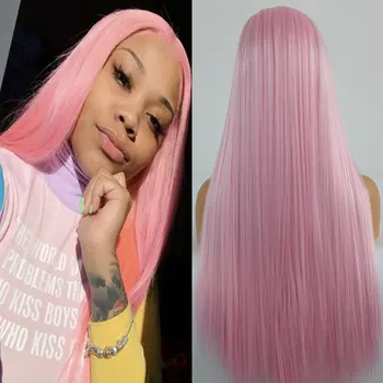 Жива розова перука, изработени от синтетична коса за дантели отпред, бесклеевое дълго пряко термостойкое влакна, плочки от линията на растеж на косата, среден раздяла за жени