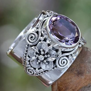 Ретро-индивидуално пръстен с аметистом от с сплав за жени, модерен пръстен с цвете на пръст за мъже, вечерни украса