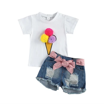 Citgeett/Летен комплект дрехи от 2 теми за малките момичета, блузи с къс ръкав + дънкови къси панталони, комплект за модни дрехи