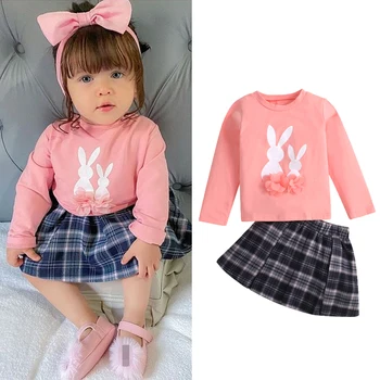 FOCUSNORM/ комплекти за есента на дрехите за малки момиченца от 0 до 6 години, hoody с дълги ръкави и принтом заек, върхове, изпъстрен поли трапецовидна форма