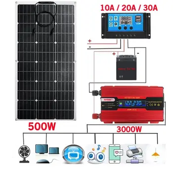 Комплект за слънчева енергийна система с мощност 3000 W, зарядно устройство, 500 W, Соларен панел, контролер на заряд на 10-30A, Пълна генерация на електроенергия, мрежа, лагер