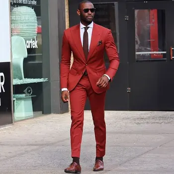 2023 Ново записване, ръждиво-червени мъжки костюми, оборудвана яке с ревера на младоженеца, комплекти блейзеров за бала (яке + панталон)