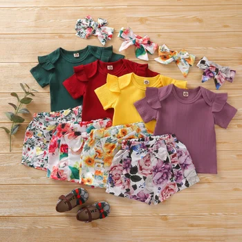 Детски комплекти за момичета, летен памук топ с къс ръкав и принтом, шорти, ежедневни дрехи за малките момичета