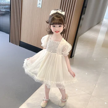 Лятна рокля на принцеса за момиченца, дрехи, детско плиссированное рокля с пищни ръкави, детски празнични рокли, облекло за бебета 2-8 години