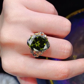 ХОЙОН, Сребро 925 проба, реколта дърворезба, женски пръстен с инкрустиран със скъпоценни камъни, Трехслойные два цвята бижута с отворен пръстен