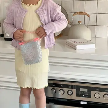 Рокля 2023 г., пуловер с кръгло деколте и дълъг ръкав, дължина над коляното, обикновен памук чист прост модерен сладък случайни пролетен комплект за малки момичета
