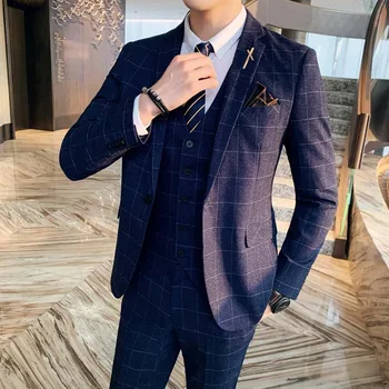 Мъж (костюм + жилетка + панталони) модерен корейски вариант на британския приталенного клетчатого сватбена ежедневния бизнес на комплект от три елемента M-7XL