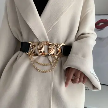 Луксозен колан с катарама отзад, златен, сребърен Колан с верига, еластични метални скута колани за жени, еластичен колан за дами палто