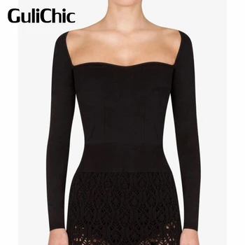 9,7 GuliChic, Дамски елегантна тениска с квадратна яка и дълъг ръкав, тънка трикотажная тениска