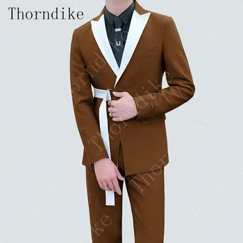 Thorndike Нов (яке + панталон Комплект от 2 теми, Обичай Мъжки Официален бизнес Яке, Смокинг, Сватбен Костюм, Официално Кафяв Син Класически Черен Червен