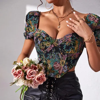 Дамски секси жилетка в ретро стил, с пищни ръкави и отворена на гърба си в стил риба кост, памучни ризи с къс ръкав, комплект женски ризи