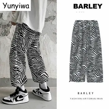 Ежедневни панталони с пълна шарките на зебра, мъжки пролетно-есенни нови стилни корейски свободни панталони с девет точки, ежедневни панталони в стил хип-хоп