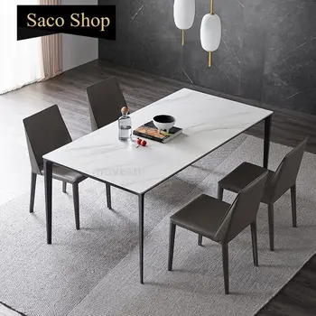 Североевропейский минималистичен маса от бял мрамор и мек стол, Малка Плоска правоъгълна маса за хранене за 6 места