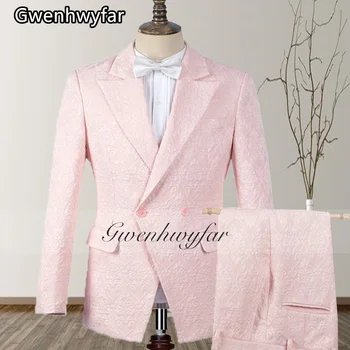 Gwenhwyfar Розово Жаккардовый костюм във формата на Диамант, Мъжки Костюм за Младоженеца, Сватбена смокинг, Оборудвана Блейзър Terno Masculino (яке + Панталон)
