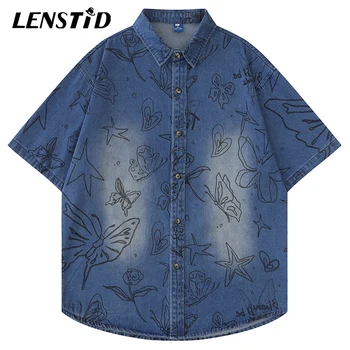 Летни мъжки дънкови ризи с къс ръкав и копчета, блуза в стил хип-хоп с графичен принтом пеперуди, градинска облекло Harajuku, ежедневни памучни дънкови ризи