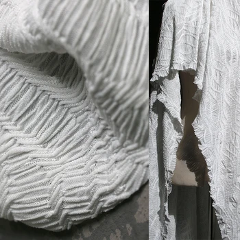 50X160 см, 3d текстура, Жаккардовая плиссированная еластична трикотажная бяло-черен плат за булчински рокли, дизайнерски тъкани