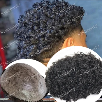 Афроамериканский перука 12 мм, тъмния афро къдрав мъжки перуки от човешка коса, здрав мъжки протеза от изкуствена микрокожи
