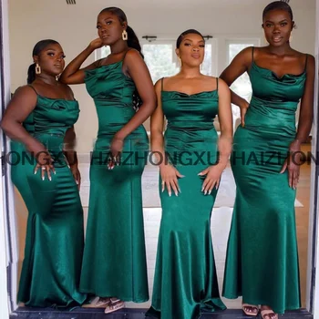 Изумрудено-зелени рокли на шаферките на тънки спагети презрамки, Русалка, дълго африканско рокля за момичета, евтини дрехи за бала, облекло за сватбеното парти