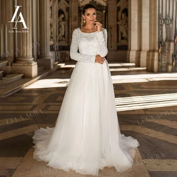 Сватбена рокля с аппликацией от мъниста, Трапециевидное сватбена рокля с кръгло деколте и дълъг ръкав 2021, придворен струята Принцеса, LelaAcra SY32, Vestido De Новия