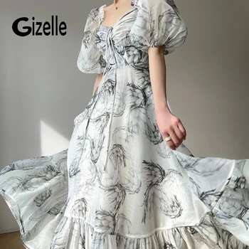 Жена винтажное рокля миди с френски шик от Gizelle, квадратен яка, буйни ръкави, висока талия, вечерни рокли с принтом, лятна дамски дрехи