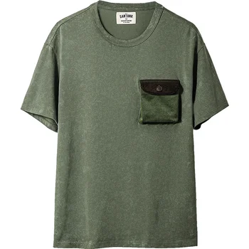 Мъжка тениска с потертыми джобове и къси ръкави, ежедневни базова годишна мъжки дрехи