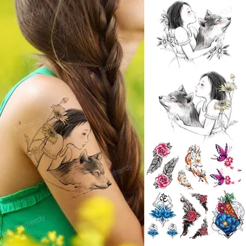 временна татуировка на ръкав за жени, слънчоглед, вълк, лисица, пеперуда, сладки уникални татуировки, водоустойчив боди-арт, живопис за момичета